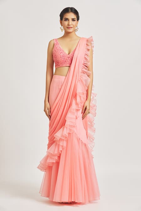 Buy_Asaga_Pink Organza, Silk, Chiffon Pre-draped Ruffle Saree With Floral Blouse _Online_at_Aza_Fashions