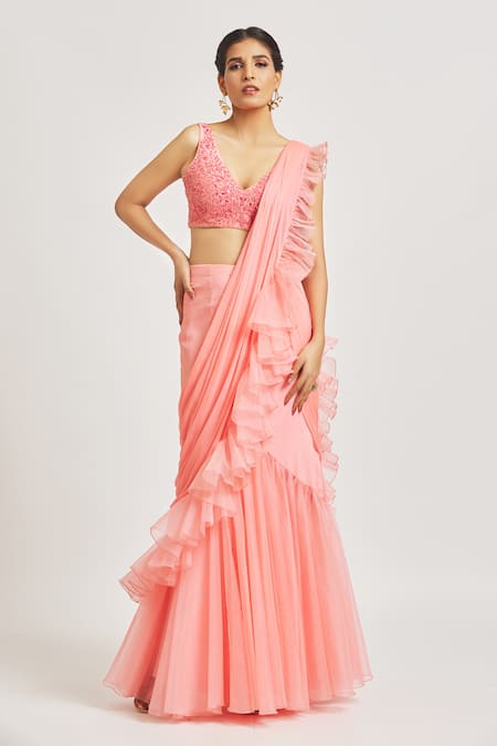 Shop_Asaga_Pink Organza, Silk, Chiffon Pre-draped Ruffle Saree With Floral Blouse _Online_at_Aza_Fashions