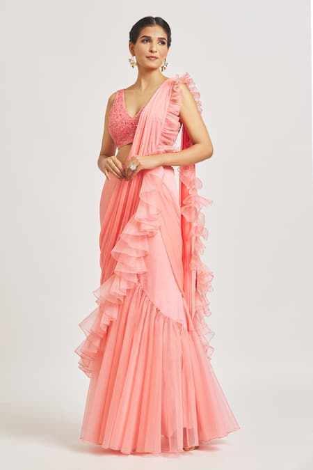 Asaga_Pink Organza, Silk, Chiffon Pre-draped Ruffle Saree With Floral Blouse _at_Aza_Fashions