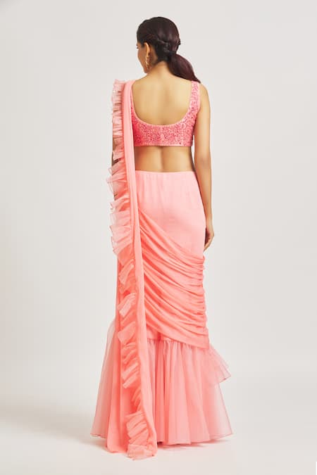 Asaga Pre-Draped Ruffle Saree With Floral Embroidered Blouse 