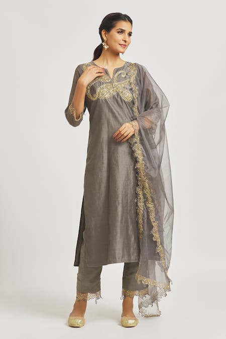 Buy Asaga Grey Organza, Chanderi, Muslin Embroidery Split Paisley Straight Kurta Set Online at Aza Fashions Buy_Asaga_Grey Organza, Chanderi, Muslin Embroidery Split Paisley Straight Kurta Set _Online_at_Aza_Fashions