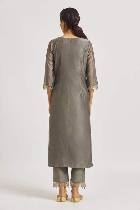 Shop Asaga Grey Organza, Chanderi, Muslin Embroidery Split Paisley Straight Kurta Set at Aza Fashions Shop_Asaga_Grey Organza, Chanderi, Muslin Embroidery Split Paisley Straight Kurta Set _at_Aza_Fashions