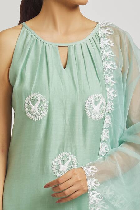 Shop Asaga Green Silk, Muslin, Organza Embroidery Round Neck Peacock Kurta Set Online at Aza Fashions Shop_Asaga_Green Silk, Muslin, Organza Embroidery Round Neck Peacock Kurta Set _Online_at_Aza_Fashions