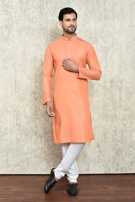 Arihant Rai Sinha Orange Poly Cotton Plain Mandarin Collar Kurta Set
