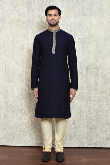 Buy_Arihant Rai Sinha_Blue Silk, Chanderi Embroidery Placket Kurta Set _Online_at_Aza_Fashions