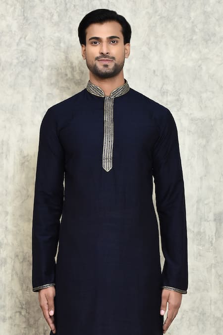 Shop_Arihant Rai Sinha_Blue Silk, Chanderi Embroidery Placket Kurta Set _Online_at_Aza_Fashions