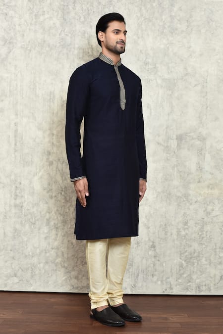 Arihant Rai Sinha_Blue Silk, Chanderi Embroidery Placket Kurta Set _at_Aza_Fashions