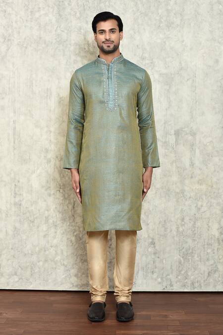 Shop_Arihant Rai Sinha_Blue Jacquard, Polyester, Cotton Embroidery Thread Kurta And Churidar Set _Online_at_Aza_Fashions