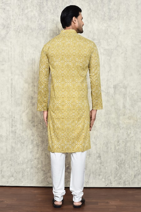 Shop_Arihant Rai Sinha_Yellow Cotton, Polyester Embroidery Floral Print Kurta And Pant Set _at_Aza_Fashions