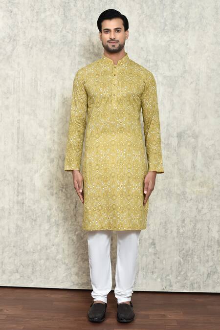 Buy_Arihant Rai Sinha_Yellow Cotton, Polyester Embroidery Floral Print Kurta And Pant Set _Online_at_Aza_Fashions