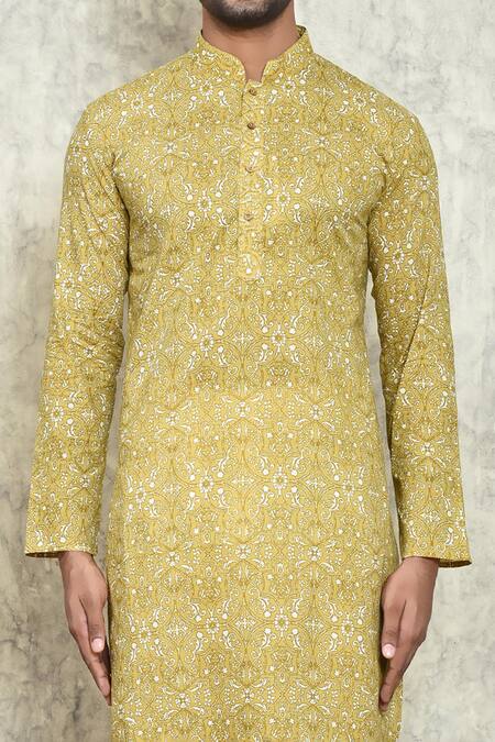 Shop Arihant Rai Sinha Yellow Cotton, Polyester Embroidery Floral Print Kurta And Pant Set Online at Aza Fashions Shop_Arihant Rai Sinha_Yellow Cotton, Polyester Embroidery Floral Print Kurta And Pant Set _Online_at_Aza_Fashions