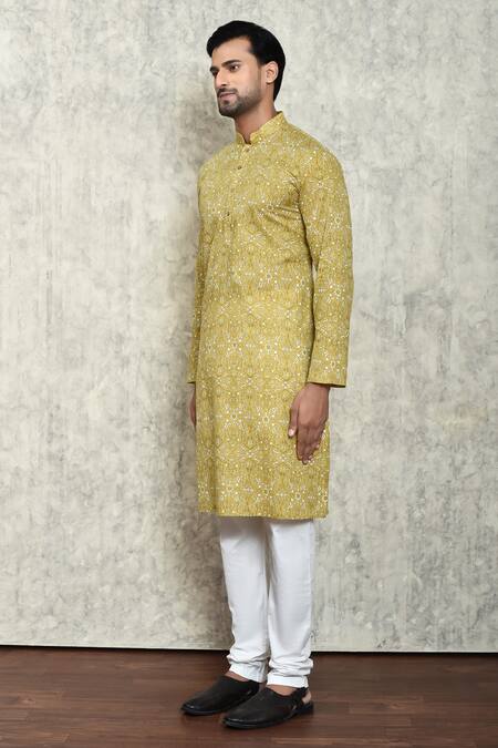 Arihant Rai Sinha_Yellow Cotton, Polyester Embroidery Floral Print Kurta And Pant Set _at_Aza_Fashions