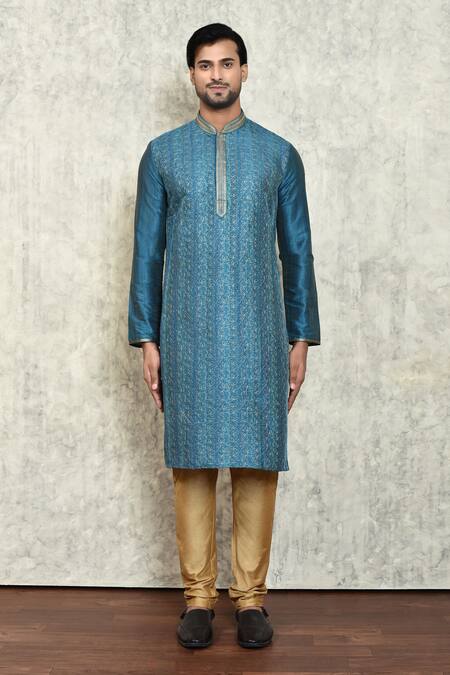 Buy_Arihant Rai Sinha_Blue Jersey, Polyester Embroidery Floral Kurta And Pant Set _Online_at_Aza_Fashions