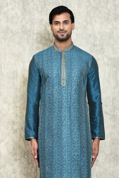 Shop_Arihant Rai Sinha_Blue Jersey, Polyester Embroidery Floral Kurta And Pant Set _Online_at_Aza_Fashions
