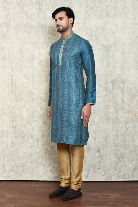 Arihant Rai Sinha_Blue Jersey, Polyester Embroidery Floral Kurta And Pant Set _at_Aza_Fashions