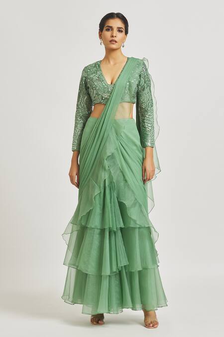 Shop_Asaga_Green Silk, Chiffon Embroidery, Netra Pre-draped Ruffle Saree With Blouse 