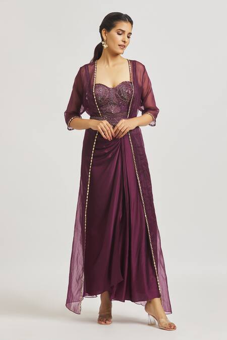 Buy Asaga Purple Silk, Satin, Organza Embroidery, Isha Draped Skirt Set With Jacket Buy_Asaga_Purple Silk, Satin, Organza Embroidery, Isha Draped Skirt Set With Jacket