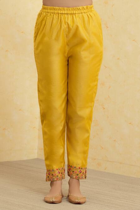 Khwaab By Sanjana Lakhani_Gold Kurta And Pant Soft Chanderi Embroidered Floret Pattern Set _at_Aza_Fashions