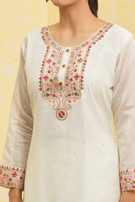 Shop_Khwaab By Sanjana Lakhani_Cream Kurta And Pant Soft Chanderi Embroidered Botanic Pattern Set _Online_at_Aza_Fashions
