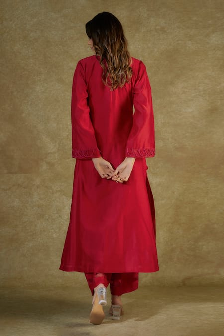 Shop The Aarya Red Chanderi, Viscose Embroidery, Pom-poms Square Hand Bodice Kurta Palazzo Set at Aza Fashions Shop_The Aarya_Red Chanderi, Viscose Embroidery, Pom-poms Square Hand Bodice Kurta Palazzo Set _at_Aza_Fashions