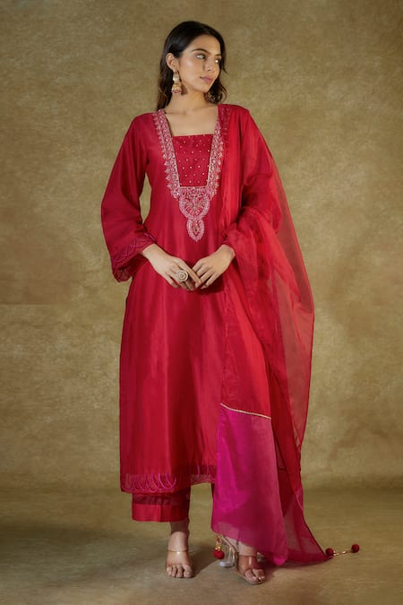 The Aarya Red Chanderi, Viscose Embroidery, Pom-poms Square Hand Bodice Kurta Palazzo Set Online at Aza Fashions The Aarya_Red Chanderi, Viscose Embroidery, Pom-poms Square Hand Bodice Kurta Palazzo Set _Online_at_Aza_Fashions