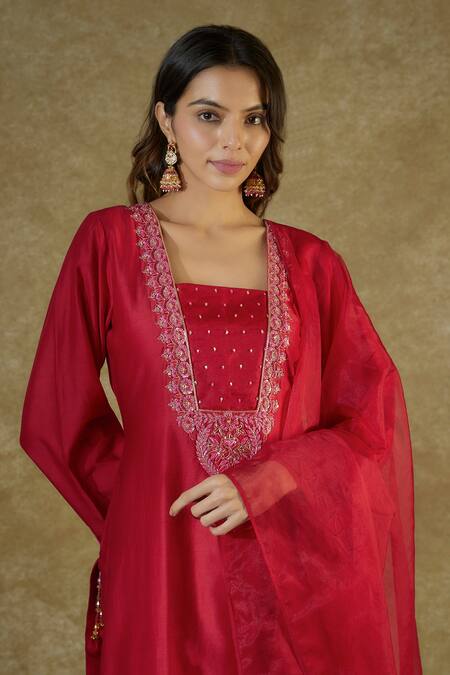 Buy The Aarya Red Chanderi, Viscose Embroidery, Pom-poms Square Hand Bodice Kurta Palazzo Set Online at Aza Fashions Buy_The Aarya_Red Chanderi, Viscose Embroidery, Pom-poms Square Hand Bodice Kurta Palazzo Set _Online_at_Aza_Fashions