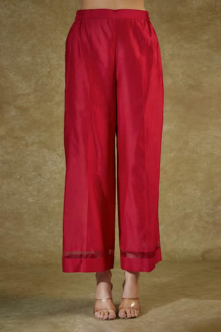 Shop The Aarya Red Chanderi, Viscose Embroidery, Pom-poms Square Hand Bodice Kurta Palazzo Set Online at Aza Fashions Shop_The Aarya_Red Chanderi, Viscose Embroidery, Pom-poms Square Hand Bodice Kurta Palazzo Set _Online_at_Aza_Fashions