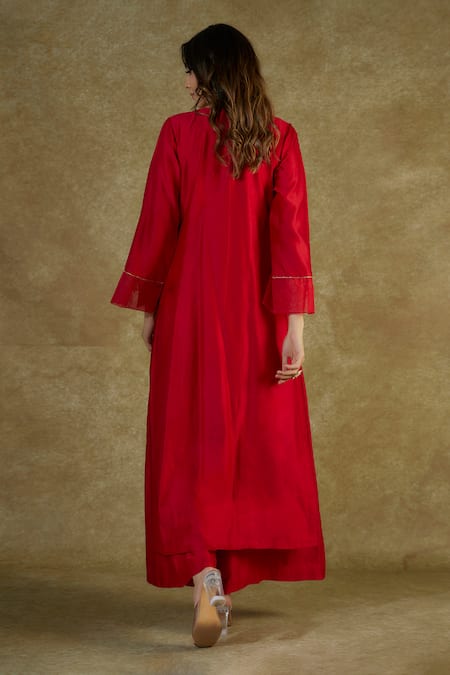 Shop_The Aarya_Red Viscose, Chanderi Tassels, Beads Floral Hand Embroidered Kurta Palazzo Set _at_Aza_Fashions