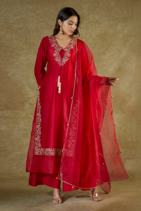 The Aarya_Red Viscose, Chanderi Tassels, Beads Floral Hand Embroidered Kurta Palazzo Set _Online_at_Aza_Fashions