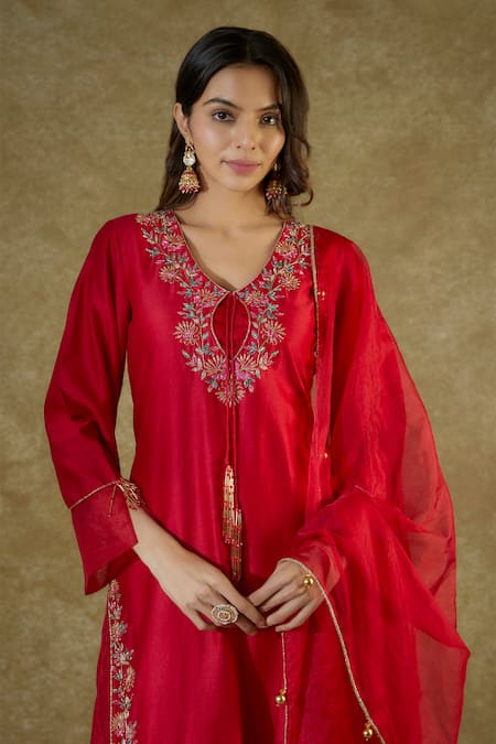 Buy_The Aarya_Red Viscose, Chanderi Tassels, Beads Floral Hand Embroidered Kurta Palazzo Set _Online_at_Aza_Fashions