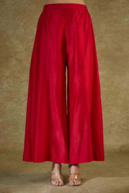 Shop_The Aarya_Red Viscose, Chanderi Tassels, Beads Floral Hand Embroidered Kurta Palazzo Set _Online_at_Aza_Fashions