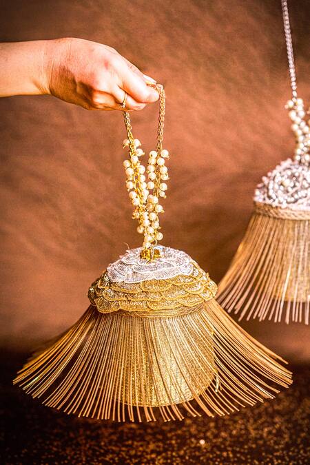 Shop House Of Kosha Gold Embroidery, Beads, Cut Work Ella Flower Embellished Potli Bag at Aza Fashions Shop_House Of Kosha_Gold Embroidery, Beads, Cut Work Ella Flower Embellished Potli Bag_at_Aza_Fashions