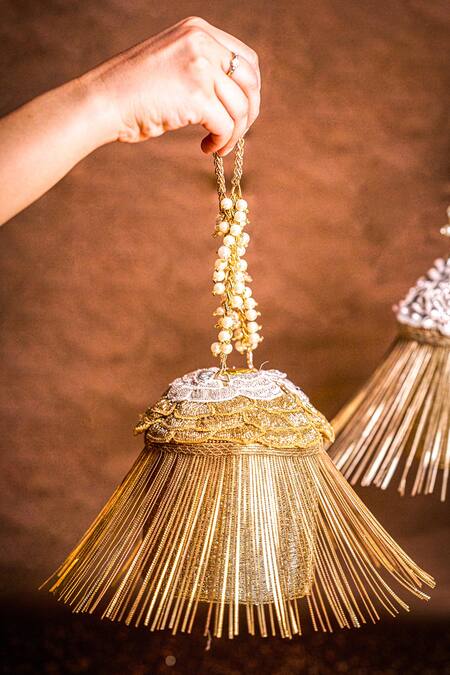 House Of Kosha Gold Embroidery, Beads, Cut Work Ella Flower Embellished Potli Bag Online at Aza Fashions House Of Kosha_Gold Embroidery, Beads, Cut Work Ella Flower Embellished Potli Bag_Online_at_Aza_Fashions