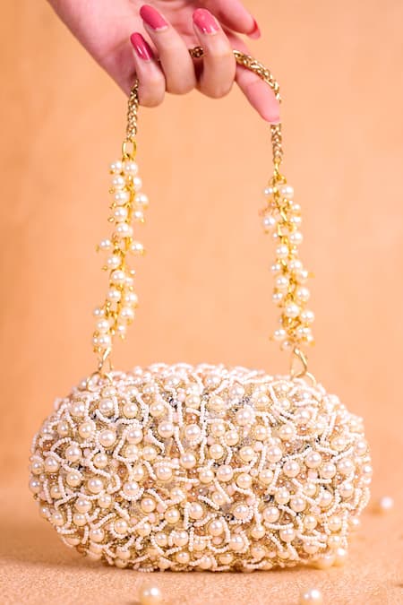 House of Kosha Ivory Embellished Chloe Pearl Clutch Bag 