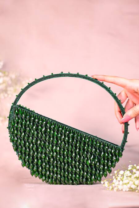 House Of Kosha_Green Crystals Clara Moon Shaped Bag _Online_at_Aza_Fashions