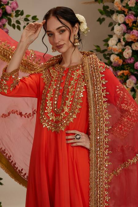 Preeti S Kapoor_Coral Georgette, Organza Embroidery, Gota Patti Round Handmade Anarkali Set_Online_at_Aza_Fashions
