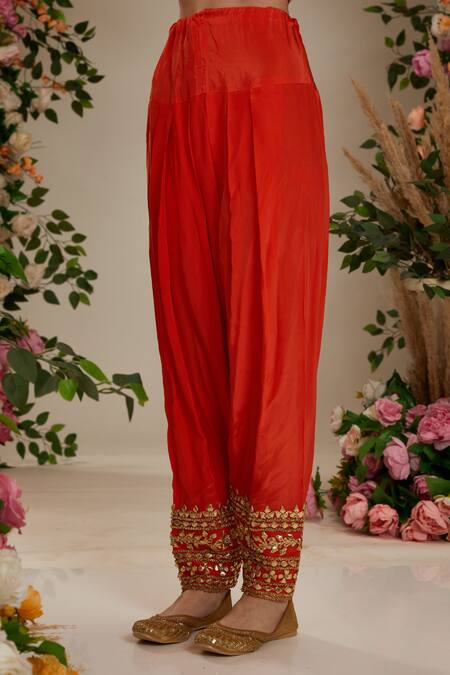 Buy_Preeti S Kapoor_Coral Georgette, Organza Embroidery, Gota Patti Round Handmade Anarkali Set_Online_at_Aza_Fashions
