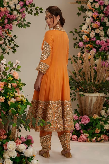 Preeti S Kapoor_Peach Georgette, Organza Embroidery, Gota Patti Round Work Anarkali Salwar Set _Online_at_Aza_Fashions