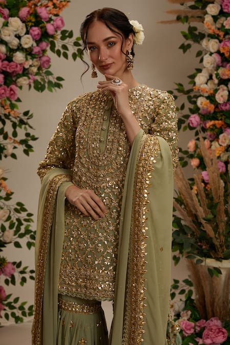 Preeti S Kapoor_Green Georgette, Organza Gota Patti Round Neck Floral Work Kurta Gharara Set _Online_at_Aza_Fashions