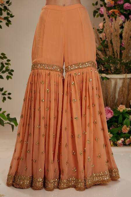 Buy Preeti S Kapoor Peach Georgette, Organza Gota Patti Round Floral Embroidered Kurta Gharara Set Online at Aza Fashions Buy_Preeti S Kapoor_Peach Georgette, Organza Gota Patti Round Floral Embroidered Kurta Gharara Set _Online_at_Aza_Fashions