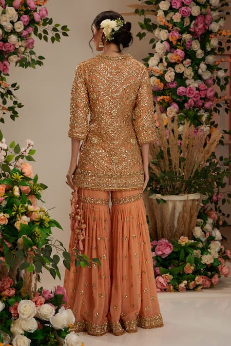 Preeti S Kapoor Peach Georgette, Organza Gota Patti Round Floral Embroidered Kurta Gharara Set Online at Aza Fashions Preeti S Kapoor_Peach Georgette, Organza Gota Patti Round Floral Embroidered Kurta Gharara Set _Online_at_Aza_Fashions