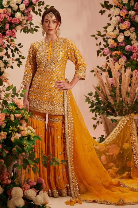 Preeti S Kapoor Yellow Kurta And Gharara Georgette Embroidered Gota Floral Jaal Set 