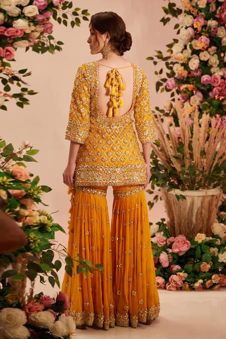 Preeti S Kapoor_Yellow Georgette, Organza Gota Patti Floral Jaal Embroidered Kurta Gharara Set _Online_at_Aza_Fashions