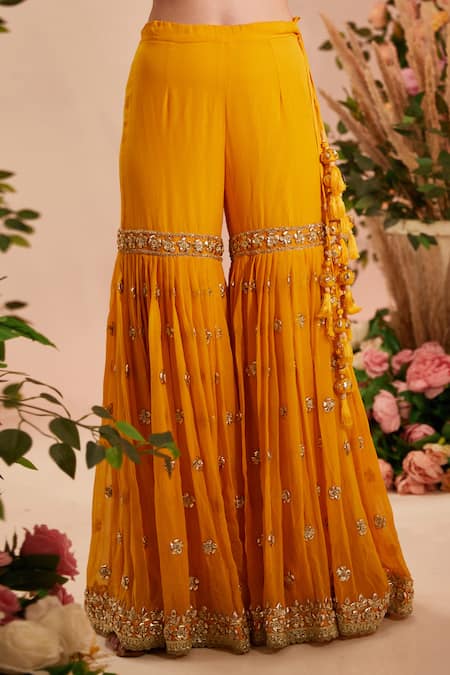Buy_Preeti S Kapoor_Yellow Georgette, Organza Gota Patti Floral Jaal Embroidered Kurta Gharara Set _Online_at_Aza_Fashions