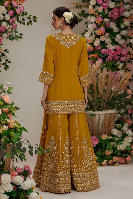Preeti S Kapoor_Yellow Georgette, Organza Gota Patti Round Floral Embroidered Kurta Sharara Set _Online_at_Aza_Fashions