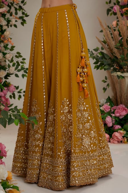 Buy_Preeti S Kapoor_Yellow Georgette, Organza Gota Patti Round Floral Embroidered Kurta Sharara Set _Online_at_Aza_Fashions