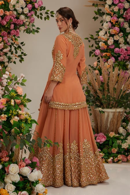Preeti S Kapoor_Peach Organza, Cotton Gota Patti Split Floral Embellished Kurta Sharara Set _Online_at_Aza_Fashions