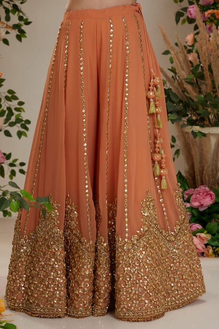 Buy_Preeti S Kapoor_Peach Organza, Cotton Gota Patti Split Floral Embellished Kurta Sharara Set _Online_at_Aza_Fashions