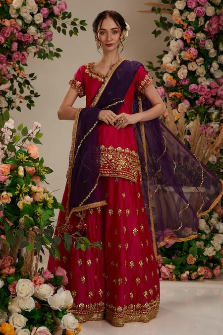 Preeti S Kapoor Pink Kurta And Sharara Silk Embroidered Gota Leaf Set 