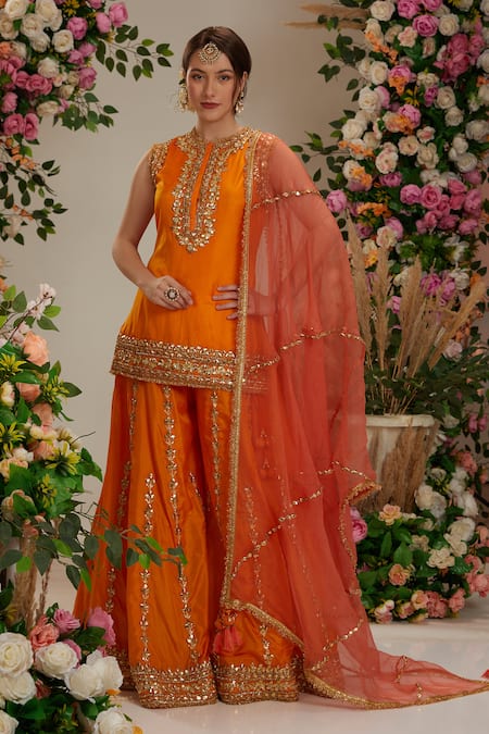 Preeti S Kapoor Orange Kurta And Sharara Silk Embroidered Gota Round Set 